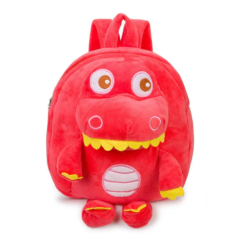 Blue dinosaur plush backpack for children with embroidered character and soft handle