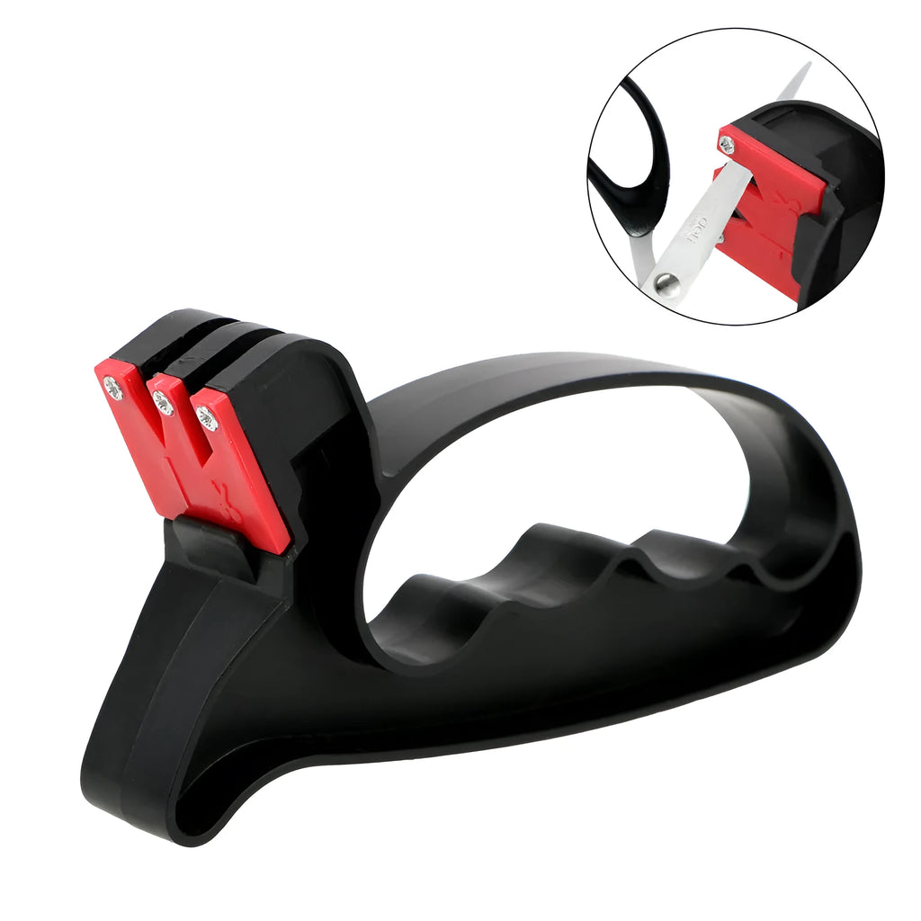Black handheld knife and scissor sharpener with tungsten steel blade on white background