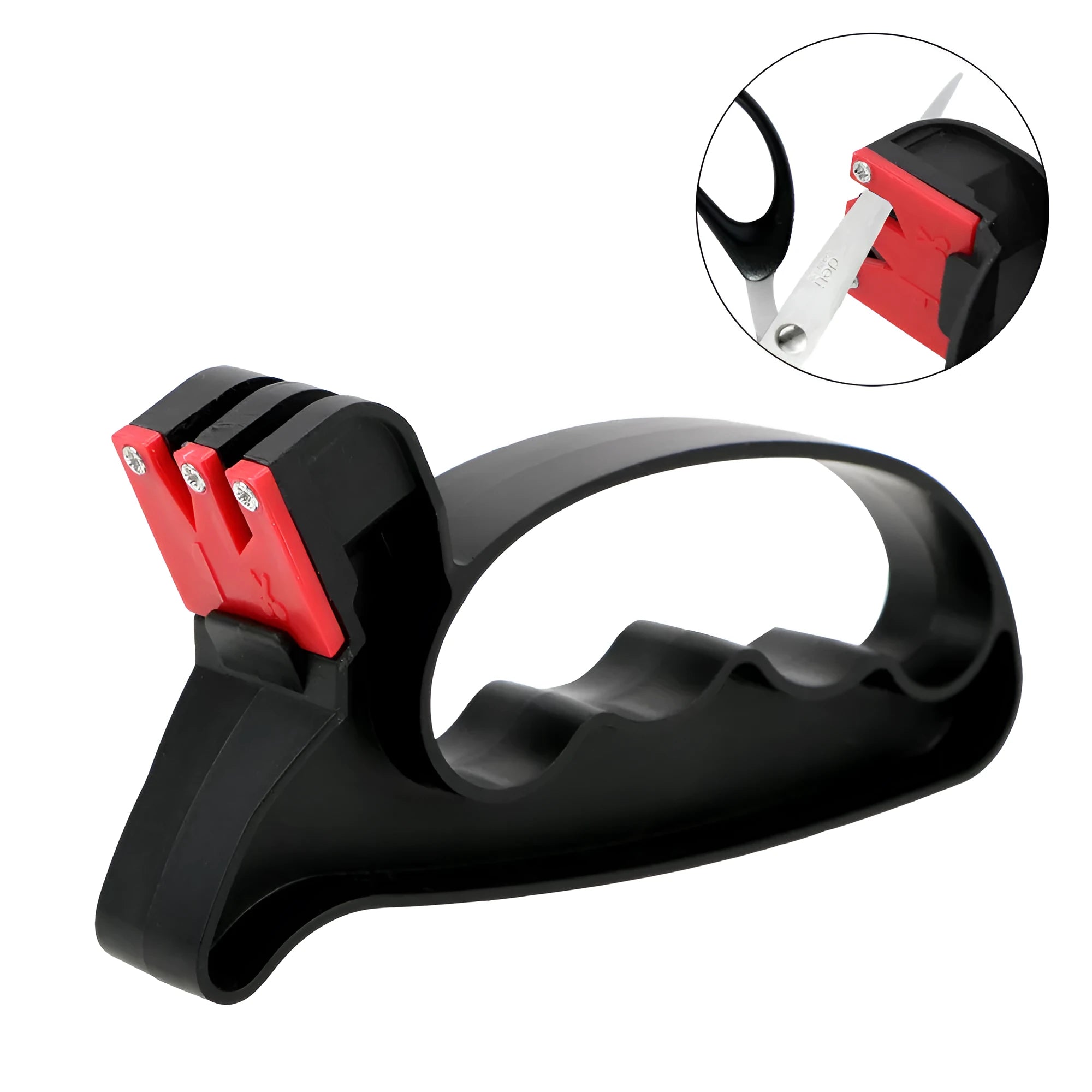 Black handheld knife and scissor sharpener with tungsten steel blade on white background