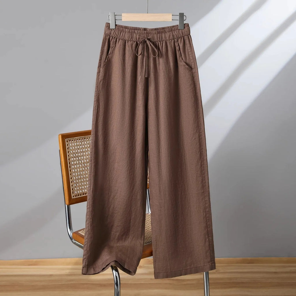 Women's straight-leg trousers with lace-up drawstring waist in apricot colour