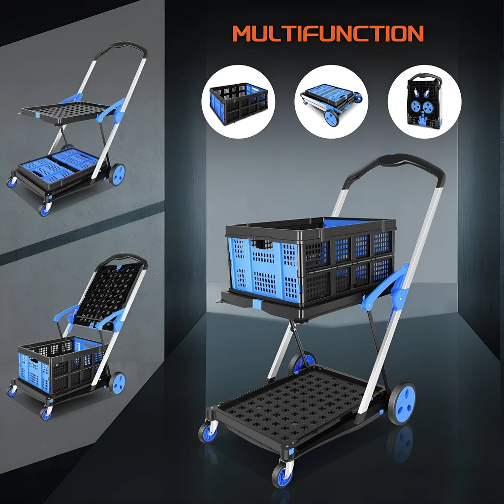 Foldable plastic shopping cart with double basket design in blue colour option