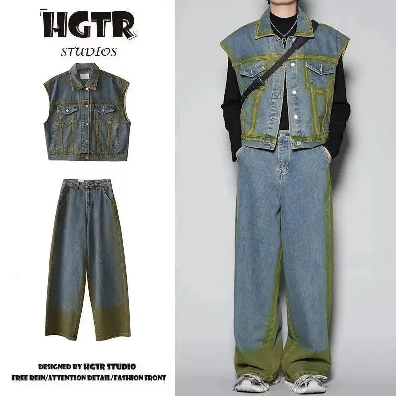Distressed denim vest and jeans set with spray colour gradient finish and fleece lining