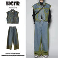 Distressed denim vest and jeans set with spray colour gradient finish and fleece lining
