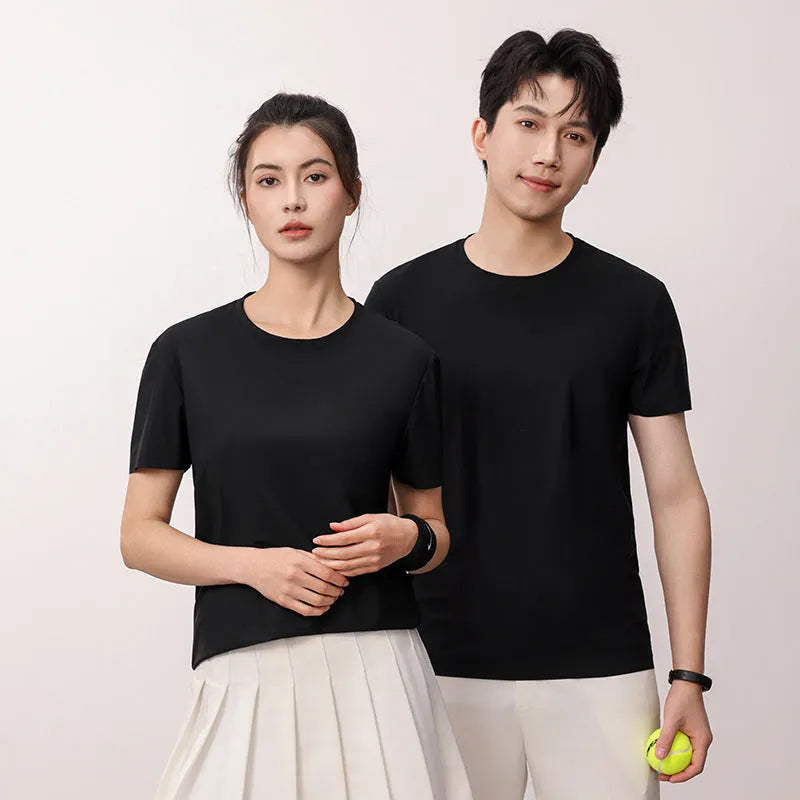 Man wearing a solid colour ice silk slim fit short sleeve t-shirt for summer.
