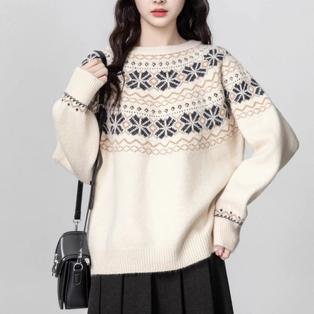 Women's milky white fair isle geometric pattern pullover sweater with a crew neck and long sleeves.