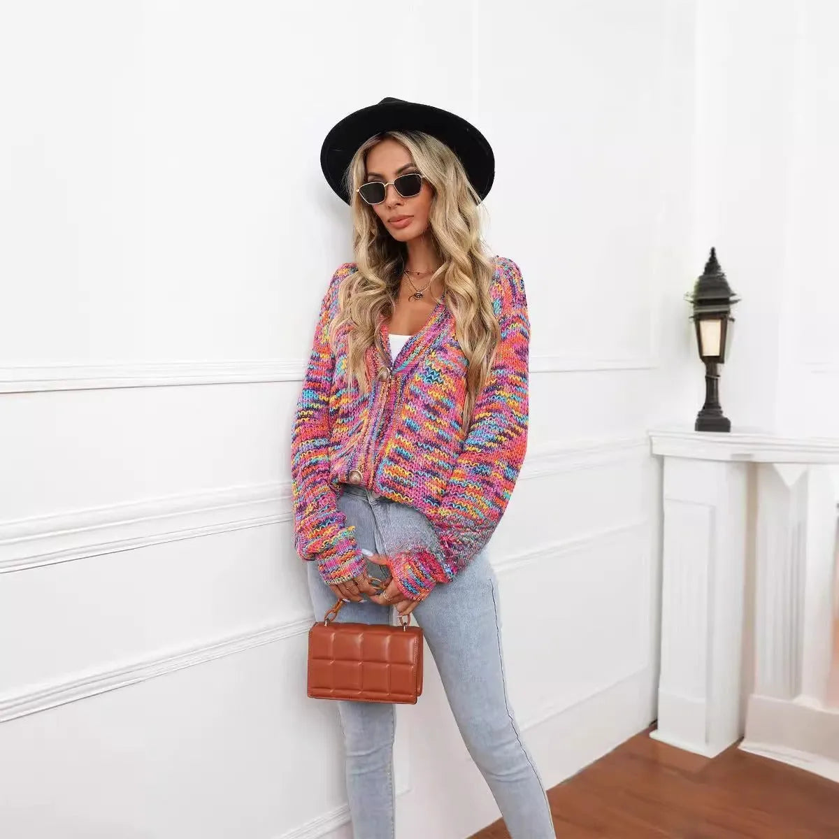 Rose red rainbow mixed colour festival dyed short cardigan knitted coat with loose street fashion styling