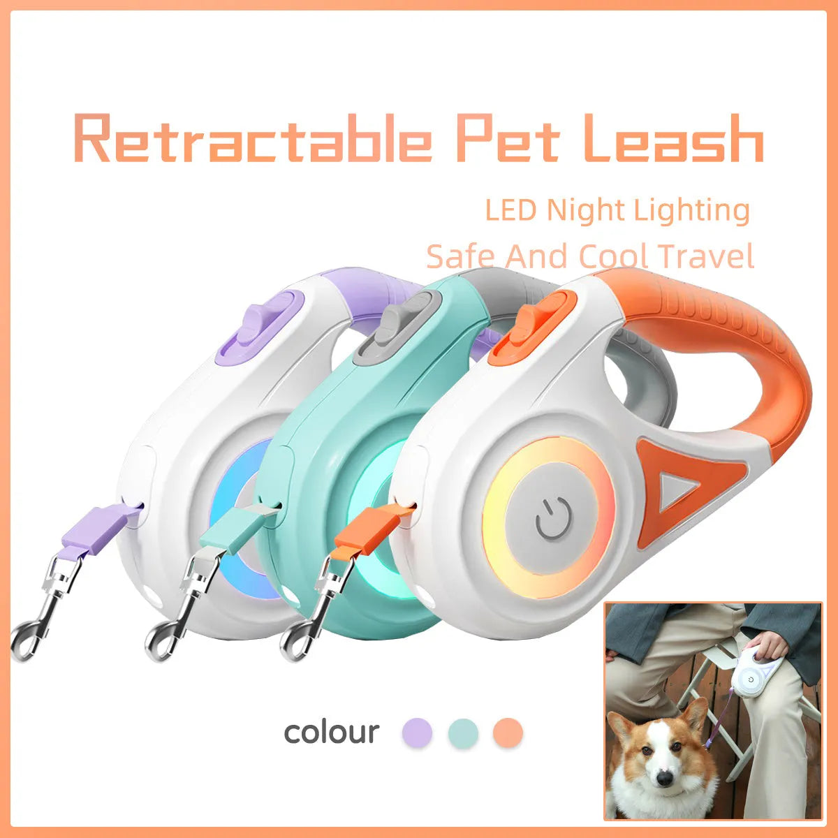 Retractable dog leash in Dream Purple, 3m length, with one-handed brake button and ABS housing