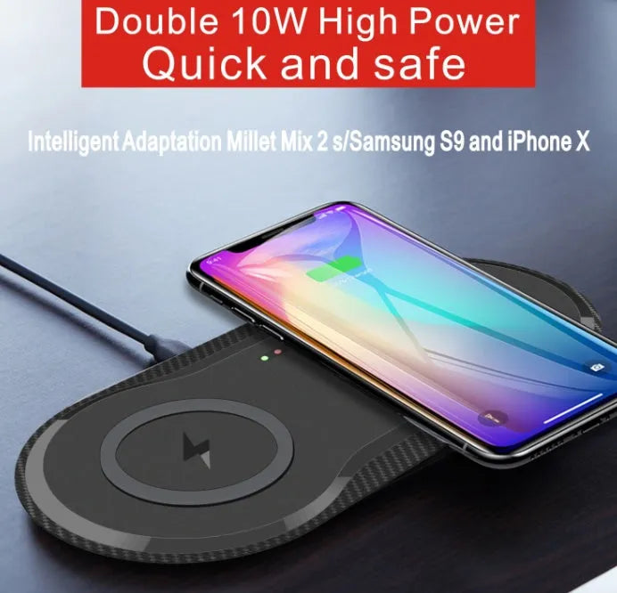 Black and white dual wireless charging pad for two phones with separate fast-charging coils