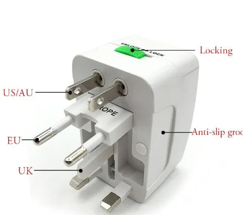 White universal travel plug socket converter for multi-country charging on a blue background.