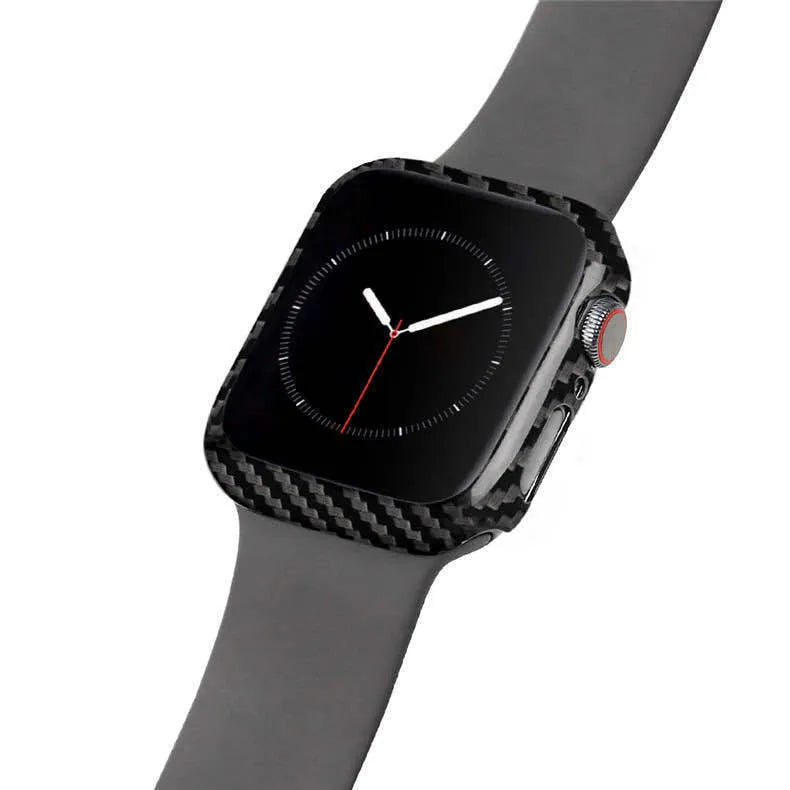Black carbon fibre leather case for 44mm Apple Watch 4 showing ultra-thin profile