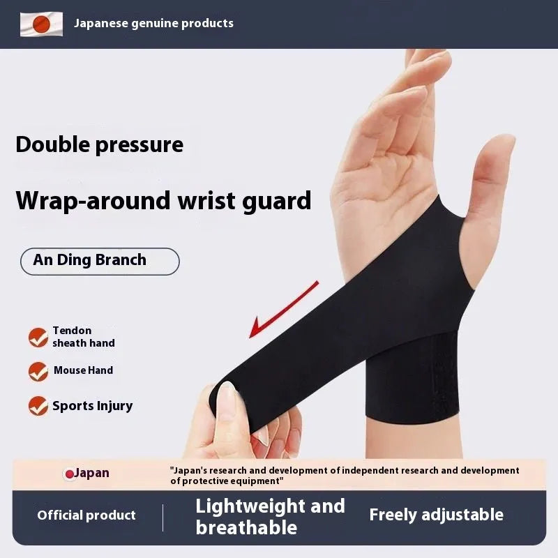 Adjustable black athletic wristguard shown on a wrist, suitable for sports like badminton and tennis.