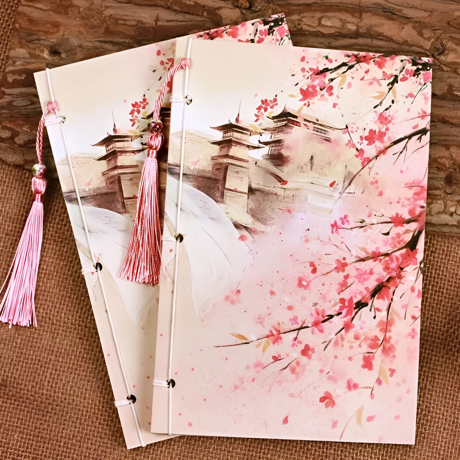 Azalea coloured Chinese style notebook with watercolour art cover and traditional thread binding