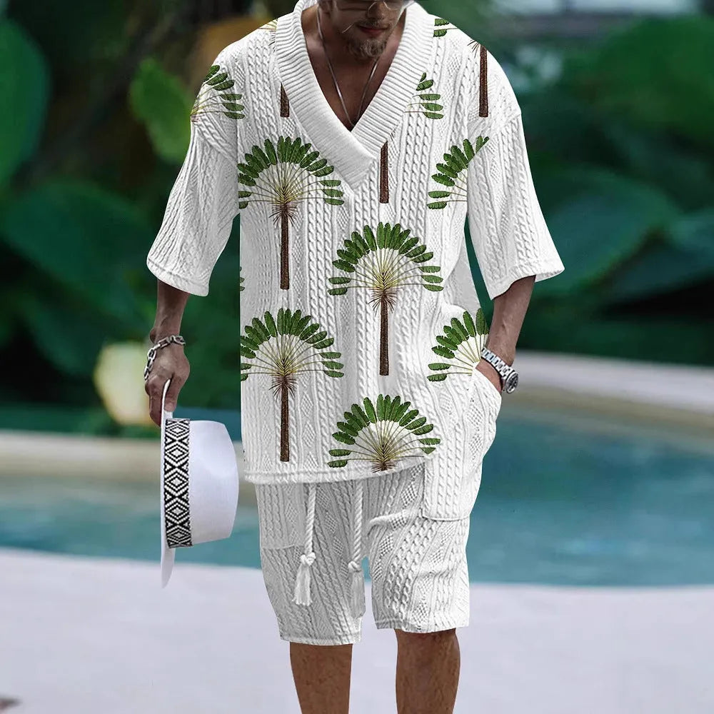 Loose casual short sleeve suit set in polyester fabric showing top and shorts in available colour options