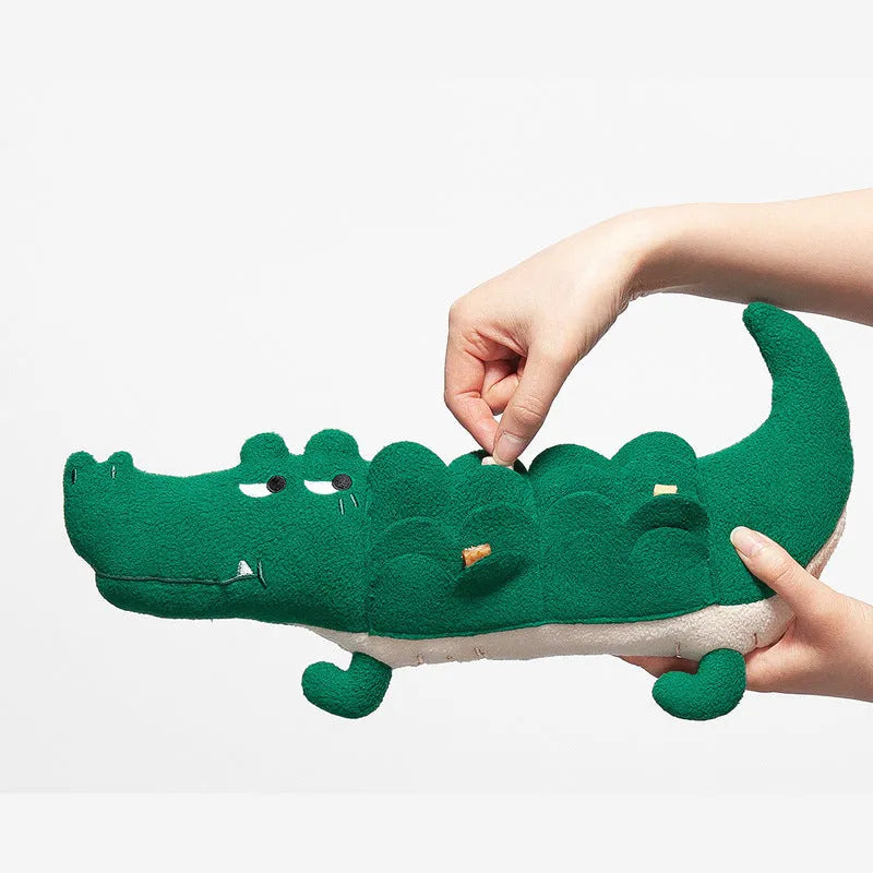 Green durable interactive plush toy dog, 35cm long, for children's play.