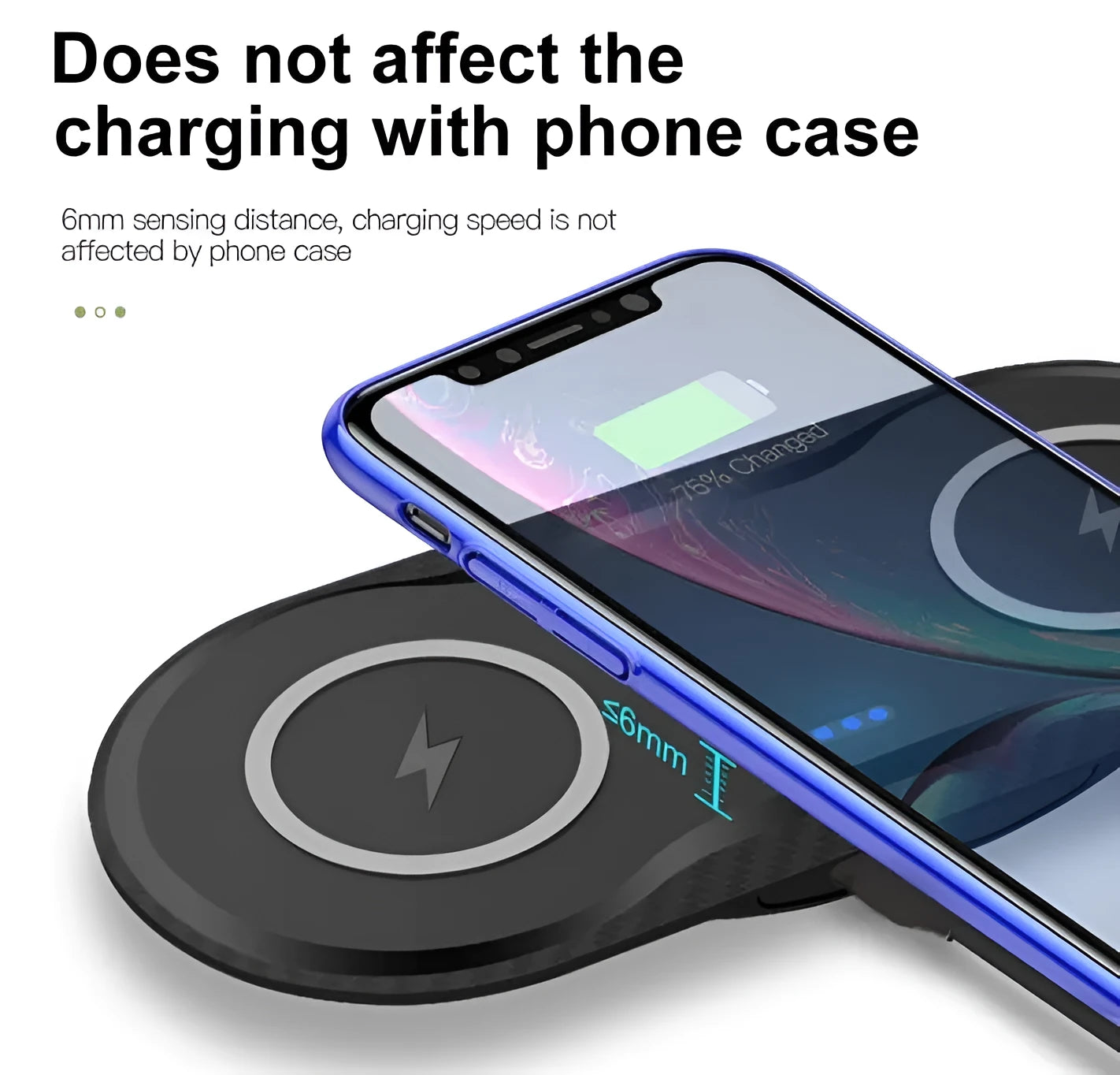 Black and white dual wireless charging pad for two phones with separate fast-charging coils