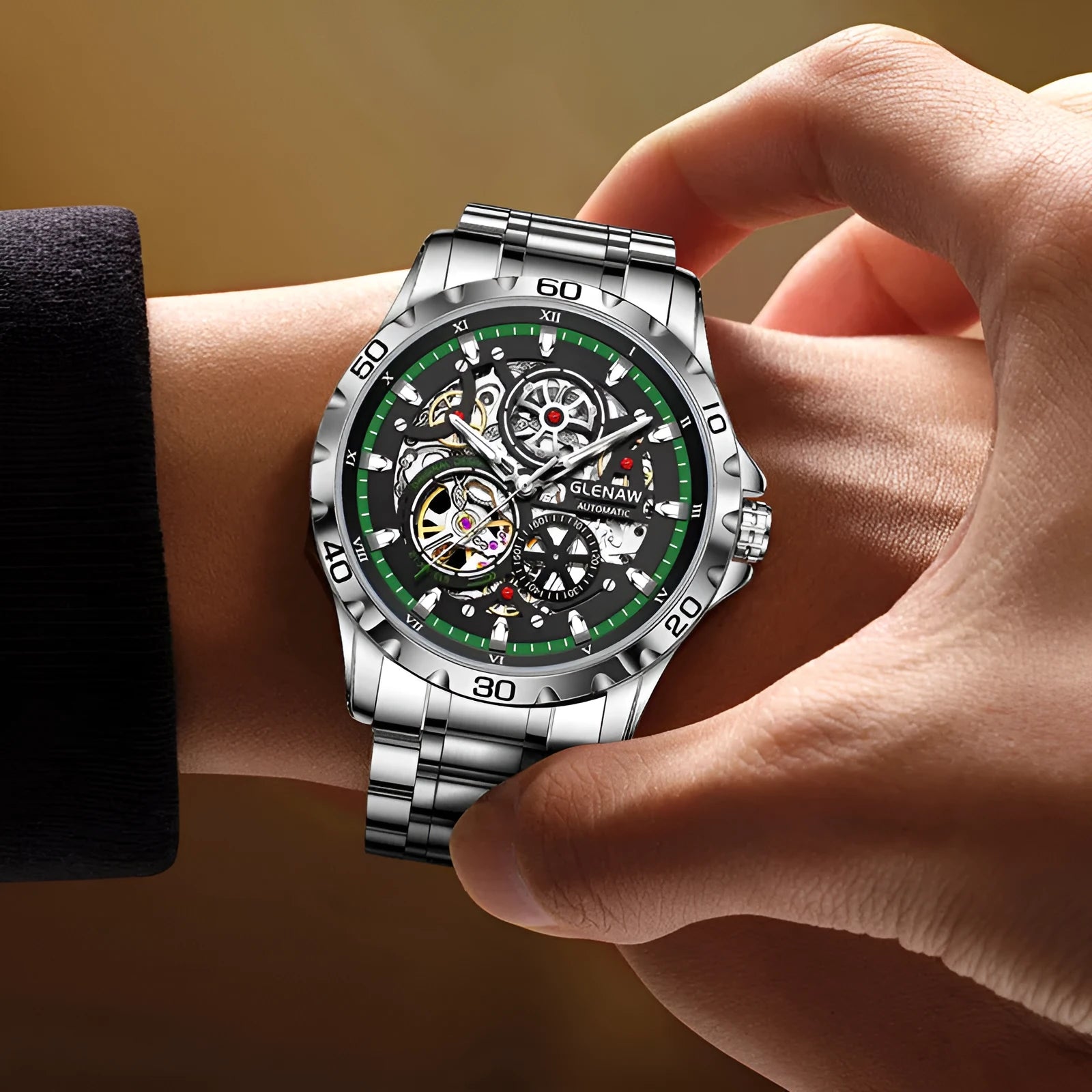 Men's silver automatic mechanical watch with hollow-out skeleton dial and luminous hands on coloured steel strap
