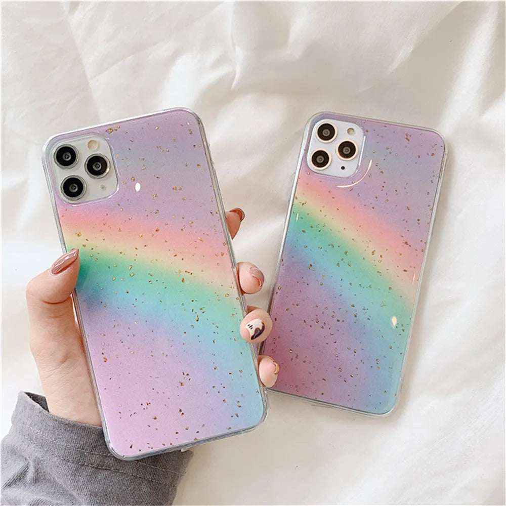 Rainbow gradient striped TPU protective case for iPhone, showing Japanese-Korean style design.