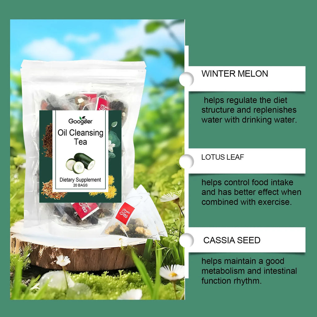 Googeer oil cleansing herbal tea box with 20 tea bags containing six traditional herbs