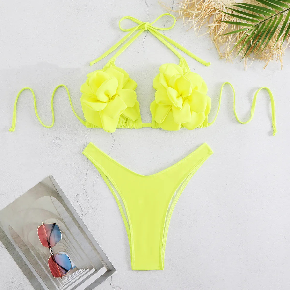 Low waist bikini swimsuit with 3D flower pattern in solid colour BA24448G1.