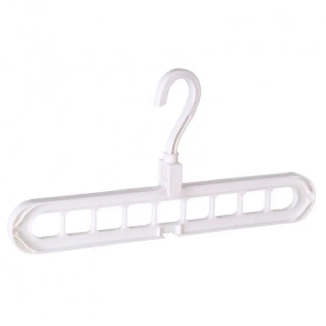Pink plastic clothes hanger with a rotating hook on a white background.