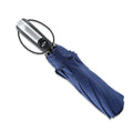 Automatic triple-folding business umbrella with a large black canopy, showing the rubber handle and steel ribs.