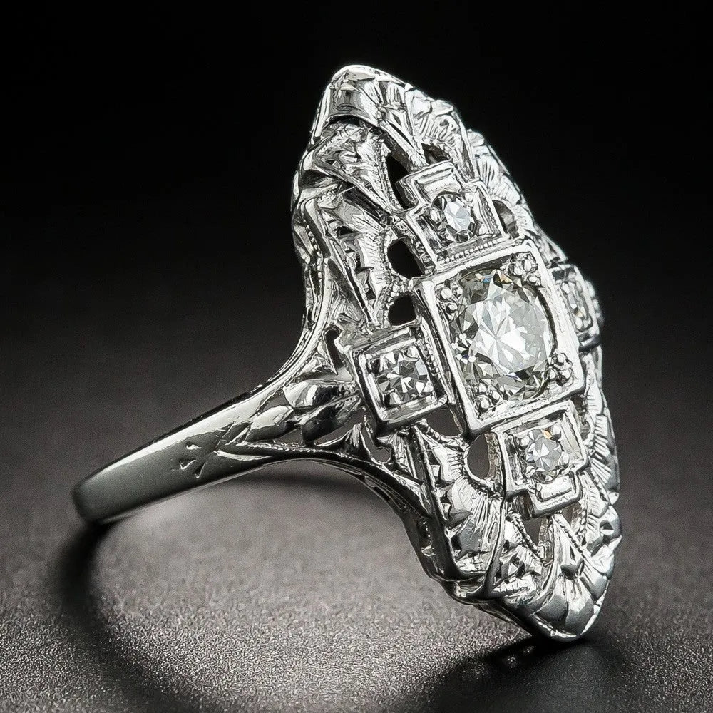 Silver electroplated hollow out geometric copper ring with diamond studs on finger
