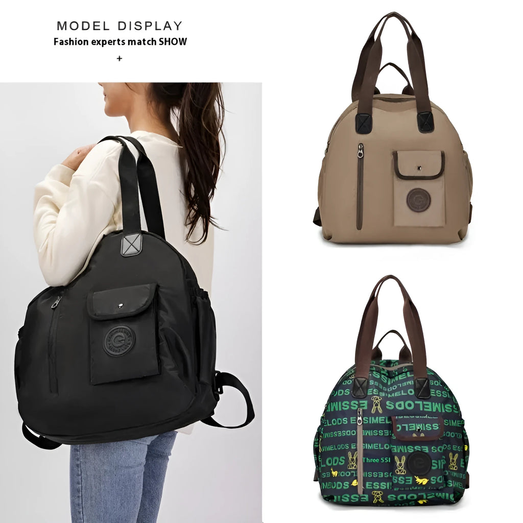 Large lightweight nylon backpack in khaki colour with a front sandwich pocket.