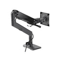 Black gas spring monitor stand on desk with curved screen support, 7K aluminium alloy build