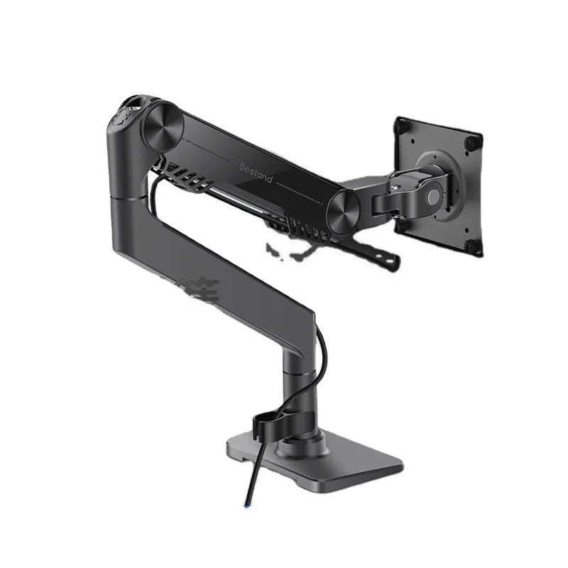 Black gas spring monitor stand on desk with curved screen support, 7K aluminium alloy build