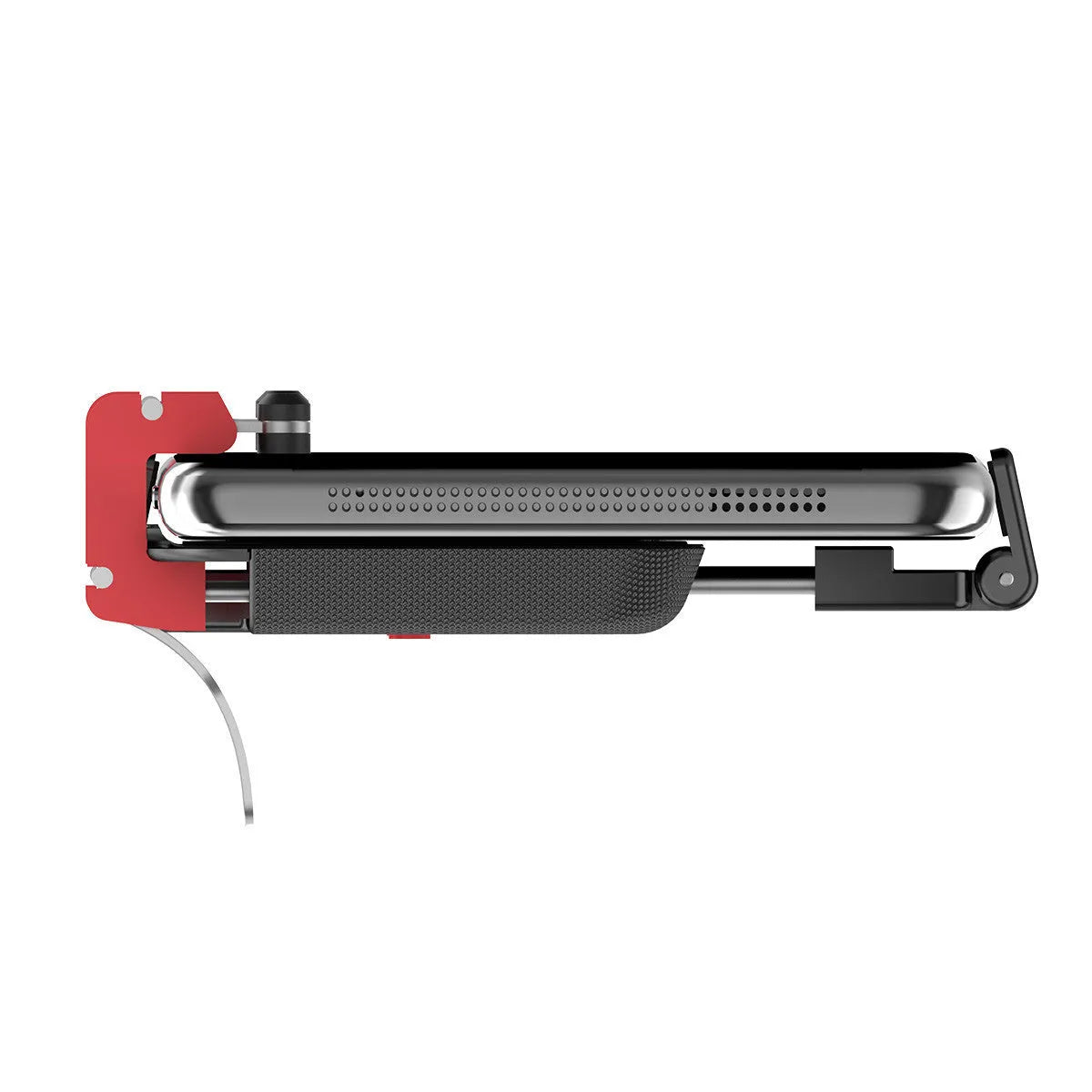 Black mobile gaming phone bracket with ergonomic handle and telescopic phone clip extended.