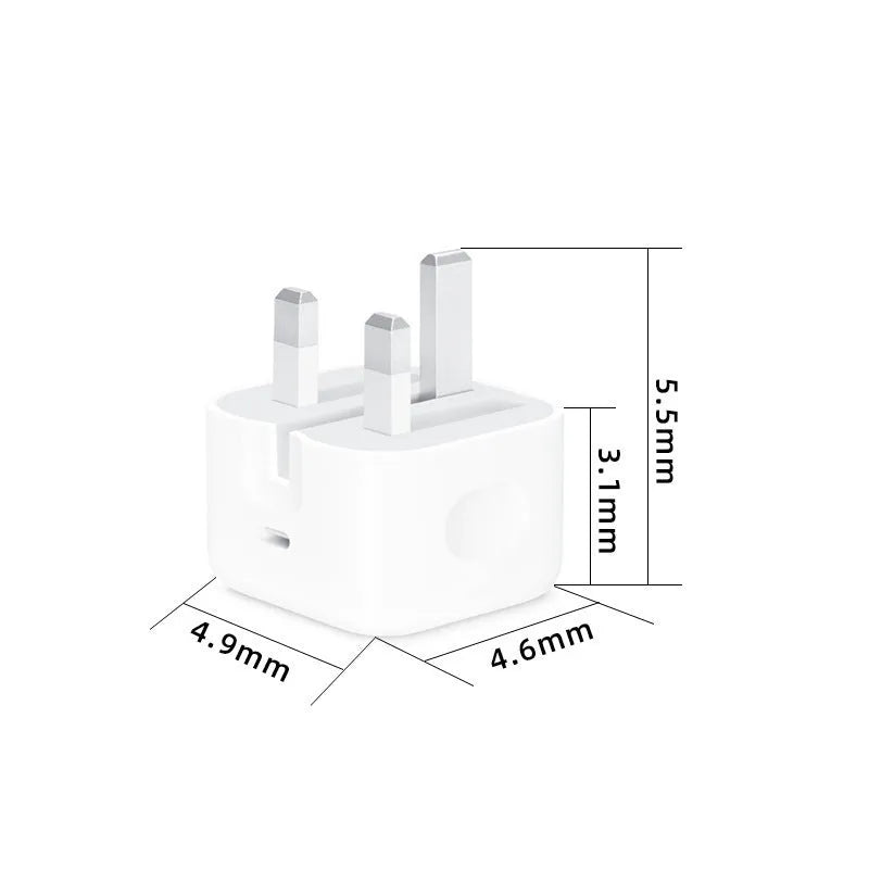 White 20W USB-C Power Delivery fast charger with British plug and coiled USB-C cable.