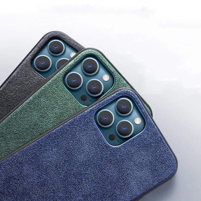 Suede full-cover phone case for iPhone in dark blue, shown from the back.