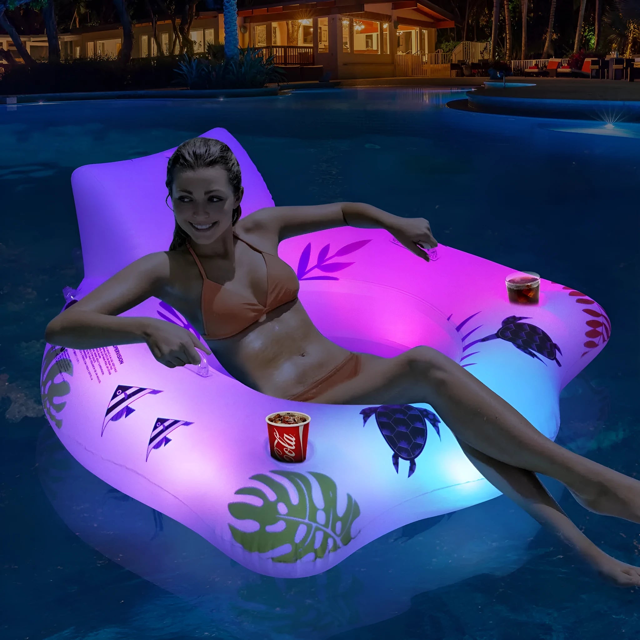 White luminous U-shaped inflatable PVC float for water, showing recliner seat design.
