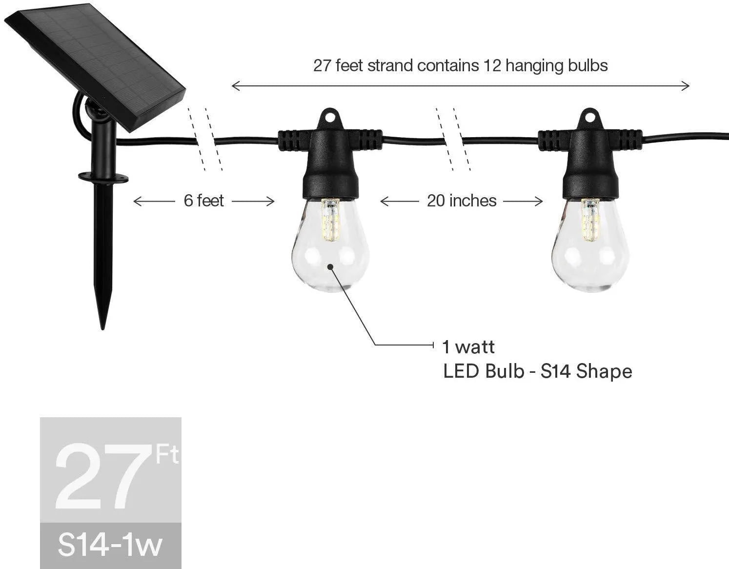 Waterproof solar-powered LED string lights with PVC shell for outdoor patio and garden decoration.