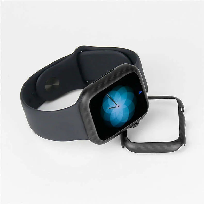 Black carbon fibre leather case for 44mm Apple Watch 4 showing ultra-thin profile