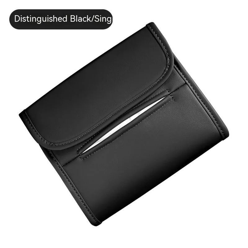 Leather car tissue box with elastic band hanging for vehicle mounting