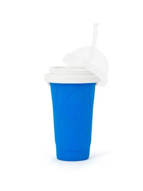 Blue quick-refrigeration silicone pinch cup for making instant slushy drinks.