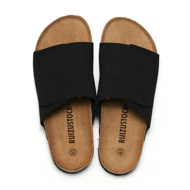 Men's retro platform slippers, frosted artificial PU upper, rubber sole, in camel colour, side view