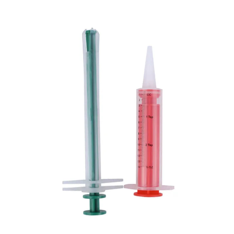 Two silicone pet pill shooters with soft tips for feeding medication to cats and dogs.