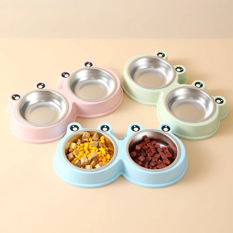 Stainless steel pet double bowl for cat and dog feeding in blue, green, and pink colours.