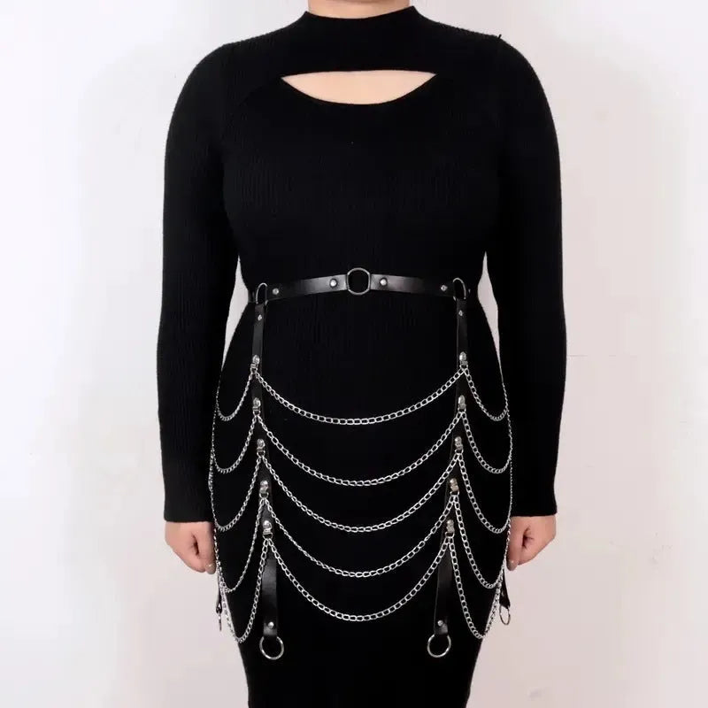 Black PU leather waist chain with bandage binding design for women's decorative clothing ornament