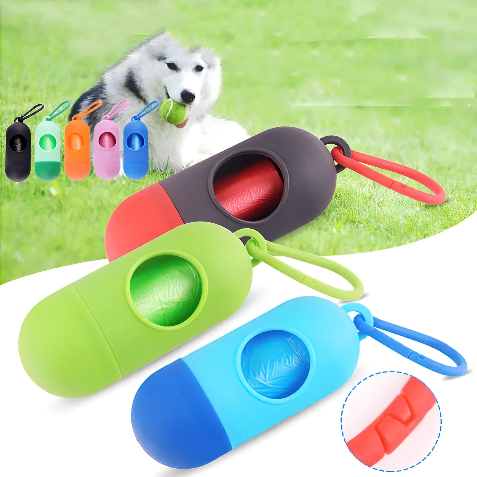 Black dog poop bag holder with side hook and Velcro closure, showing compact size.
