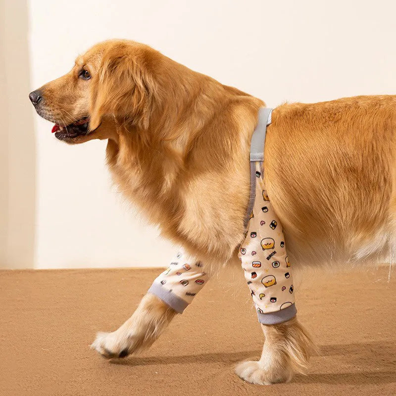Adjustable dog knee protector pad with elbow support and matching scarf in blue, grey or yellow