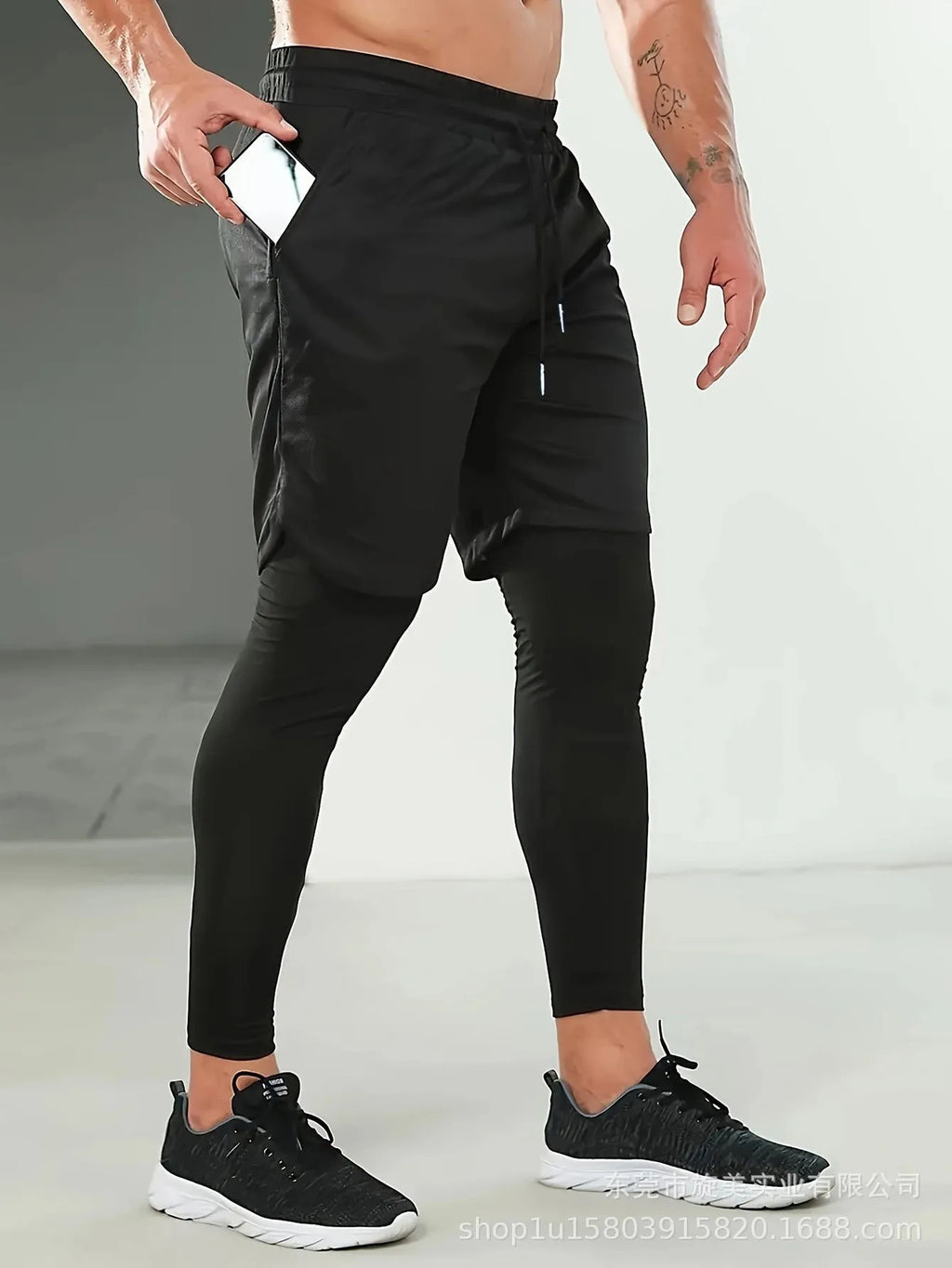 Polyester fibre fitness training running cycling bottoming pants in Army Green, loose fit, side view on mannequin