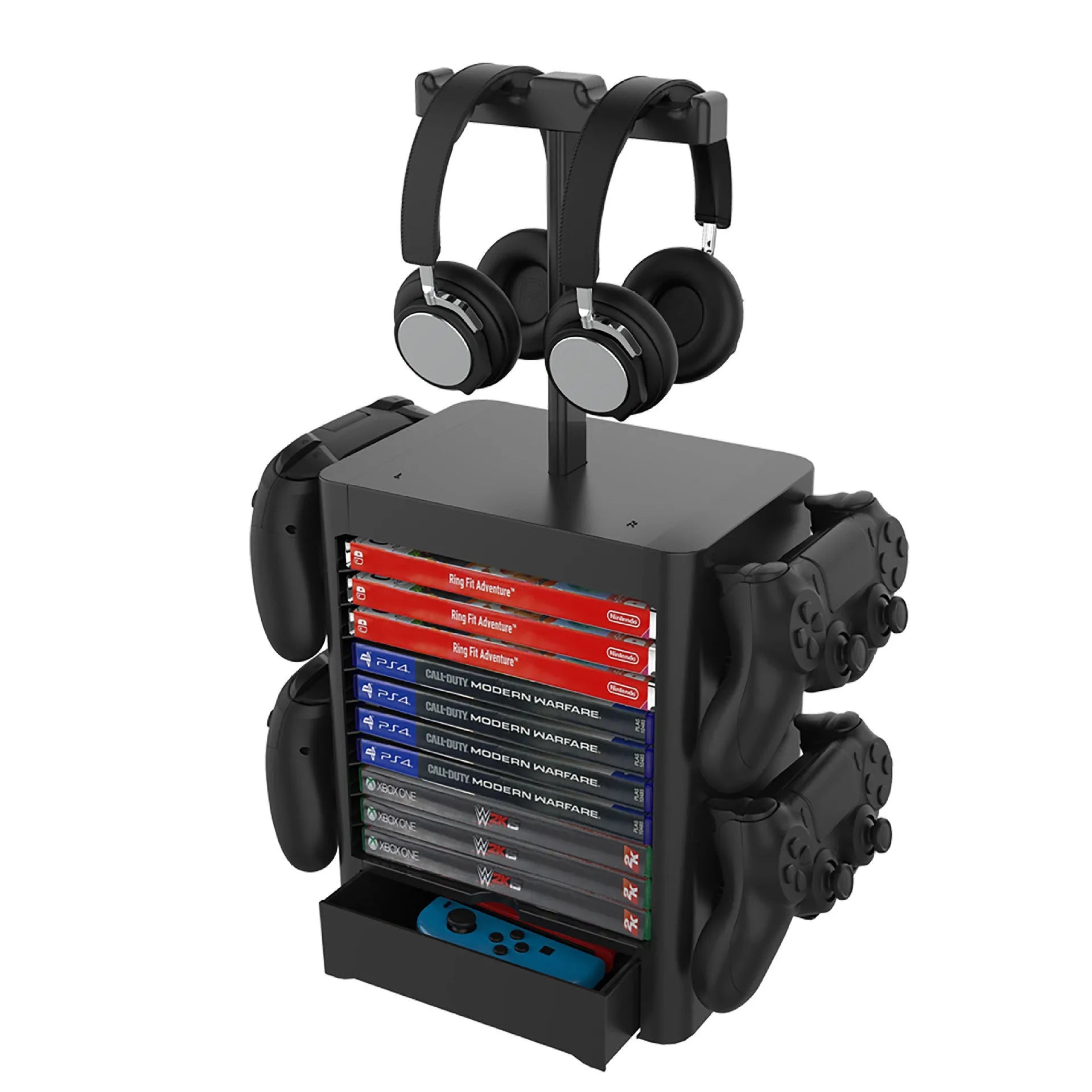 Black game controller storage rack with accessory hooks and drawer for PS5 Xbox Switch