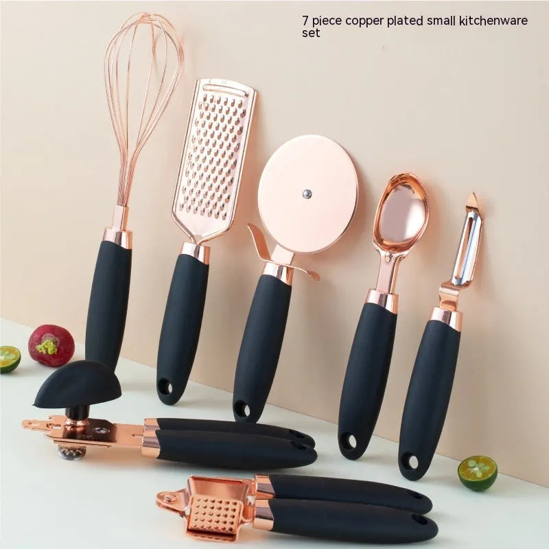 Copper-plated seven-piece kitchen tool set with cutlery rack in assorted colours