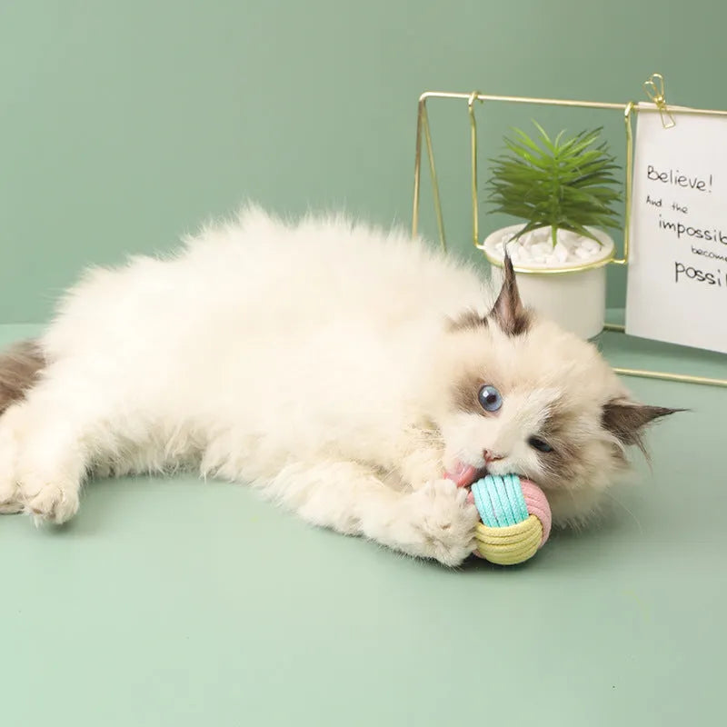 Handmade blue powder and green cat plush ball toy measuring 5cm.