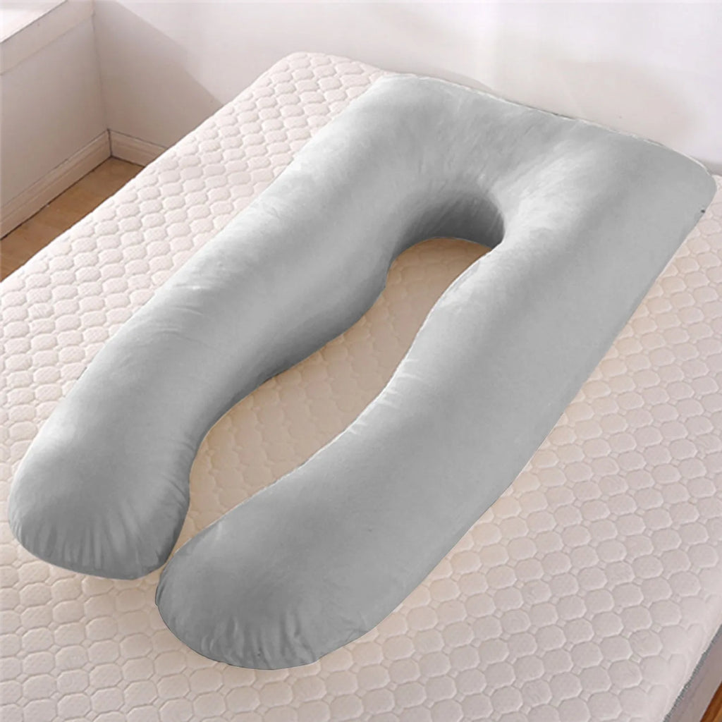 Ice silk U-shaped maternity pillow for pregnant women in grey, showing its 130cm length.