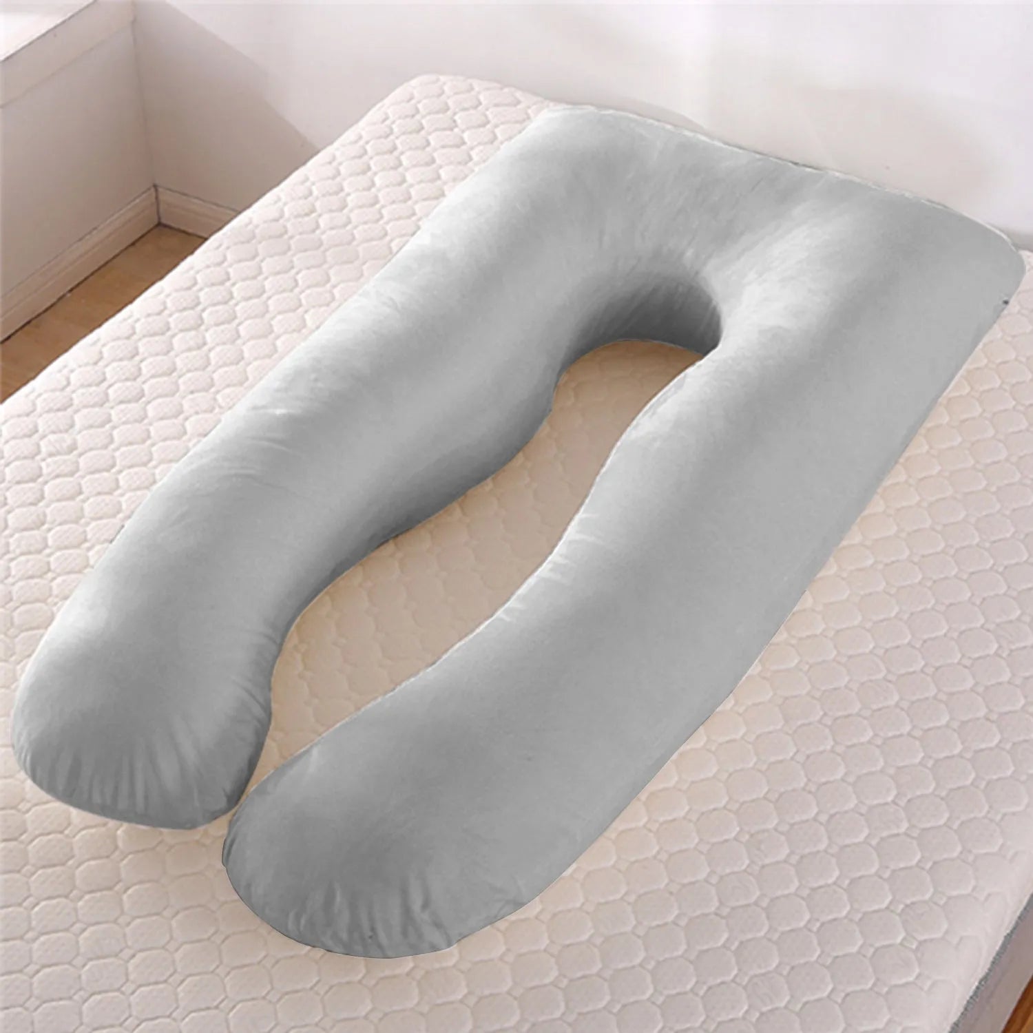 Ice silk U-shaped maternity pillow for pregnant women in grey, showing its 130cm length.