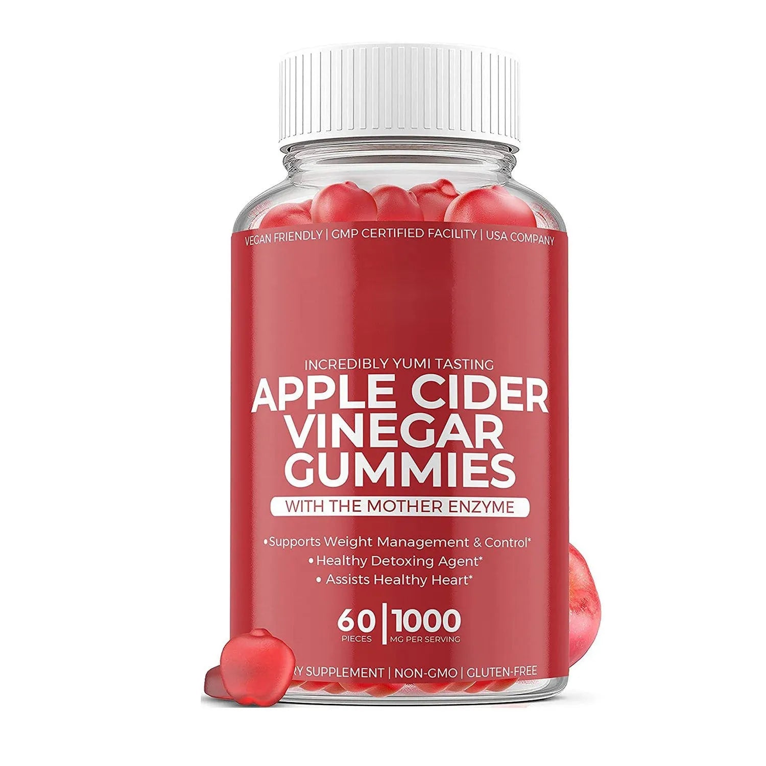 Bottle of apple cider vinegar gummies soft candy dietary supplement containing 60 tablets